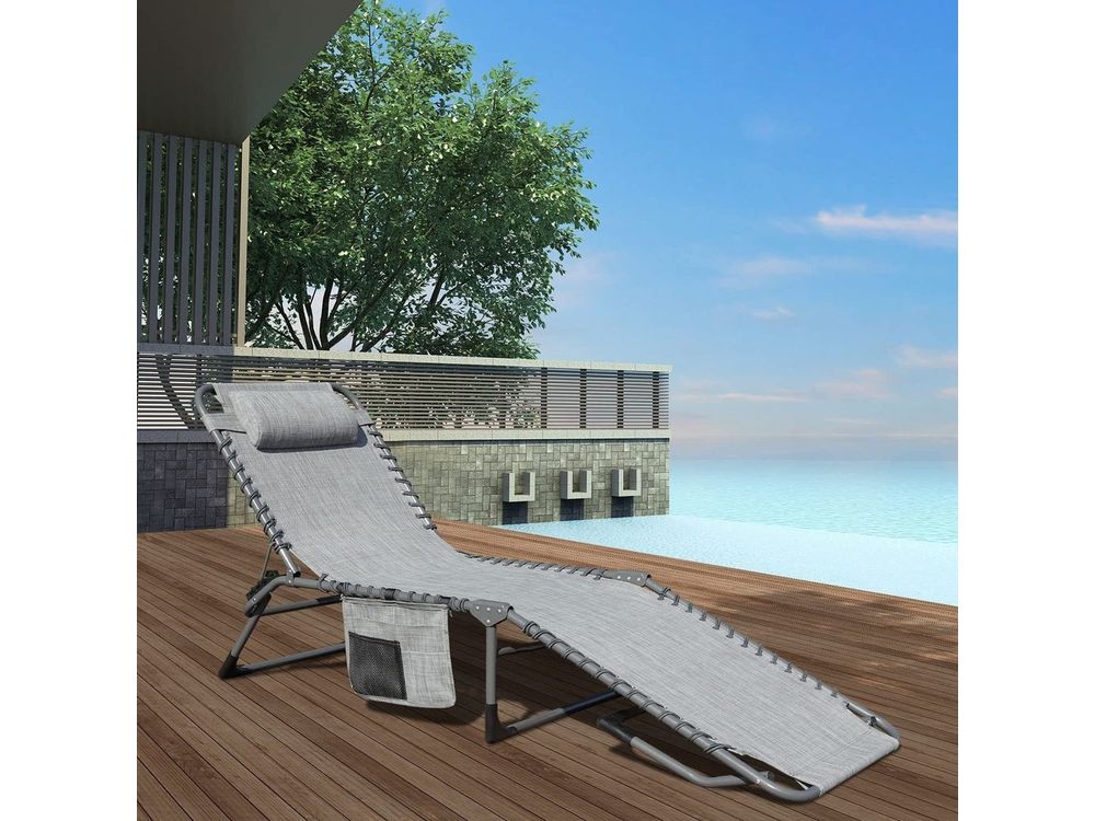 Foldable Patio Chaise Lounge Chair for Outdoor with Detachable Pocket and Pillow, Portable Adjustable Sun Lounger Recliner for Beach, Camping and Pool Style Your Walls grey